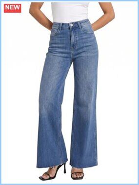 High Waisted Wide Leg Stretchy Jeans Raw Hem Flare Denim Pants